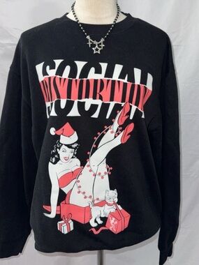 Black Graphic Holiday Crewneck Sweatshirt with Red & White Pinup Design
